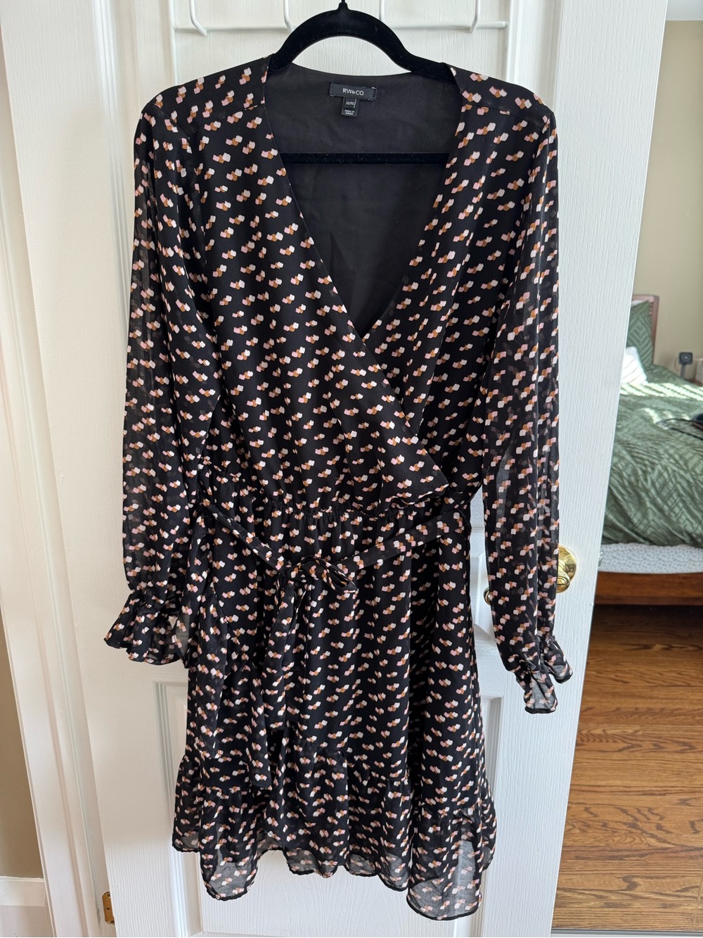 RW&CO Wrap Black Floral Wrap Dress with Pink Accent